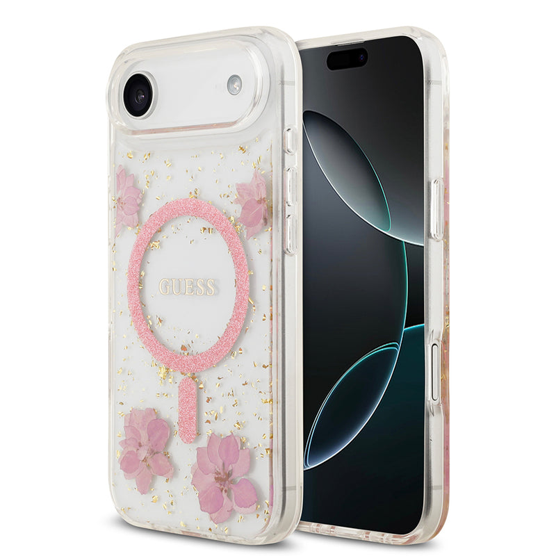Apple iPhone 17 Air Kılıf Guess M-safe Şarj Özellikli Transparan Resin Flowers Kapak Pembe