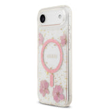 Apple iPhone 17 Air Kılıf Guess M-safe Şarj Özellikli Transparan Resin Flowers Kapak Pembe