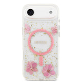 Apple iPhone 17 Air Kılıf Guess M-safe Şarj Özellikli Transparan Resin Flowers Kapak Pembe