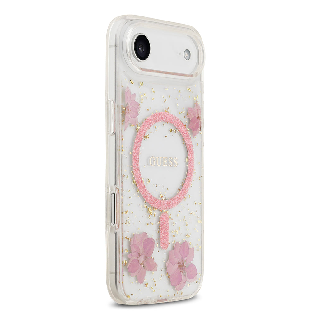 Apple iPhone 17 Air Kılıf Guess M-safe Şarj Özellikli Transparan Resin Flowers Kapak Pembe