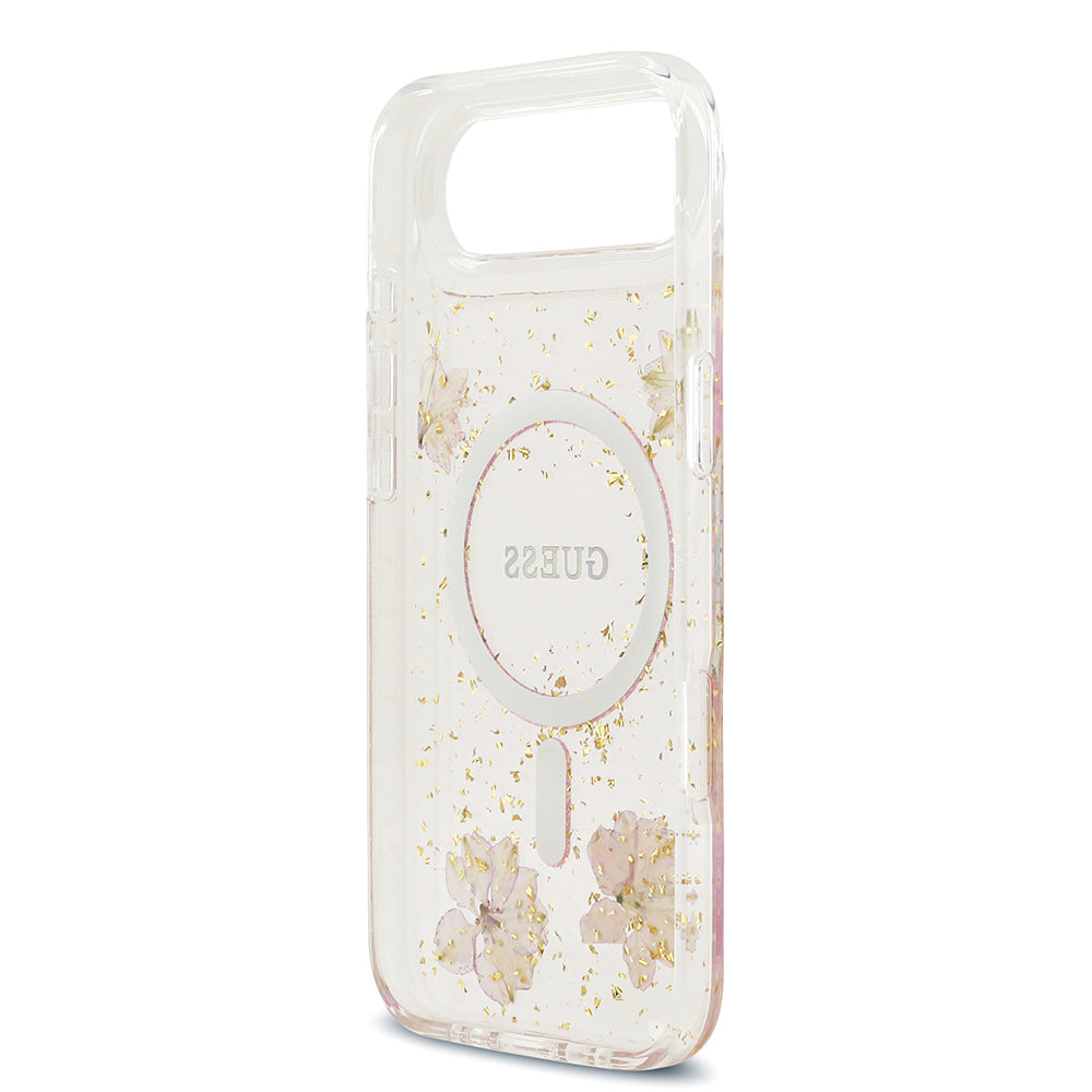 Apple iPhone 17 Air Kılıf Guess M-safe Şarj Özellikli Transparan Resin Flowers Kapak Pembe