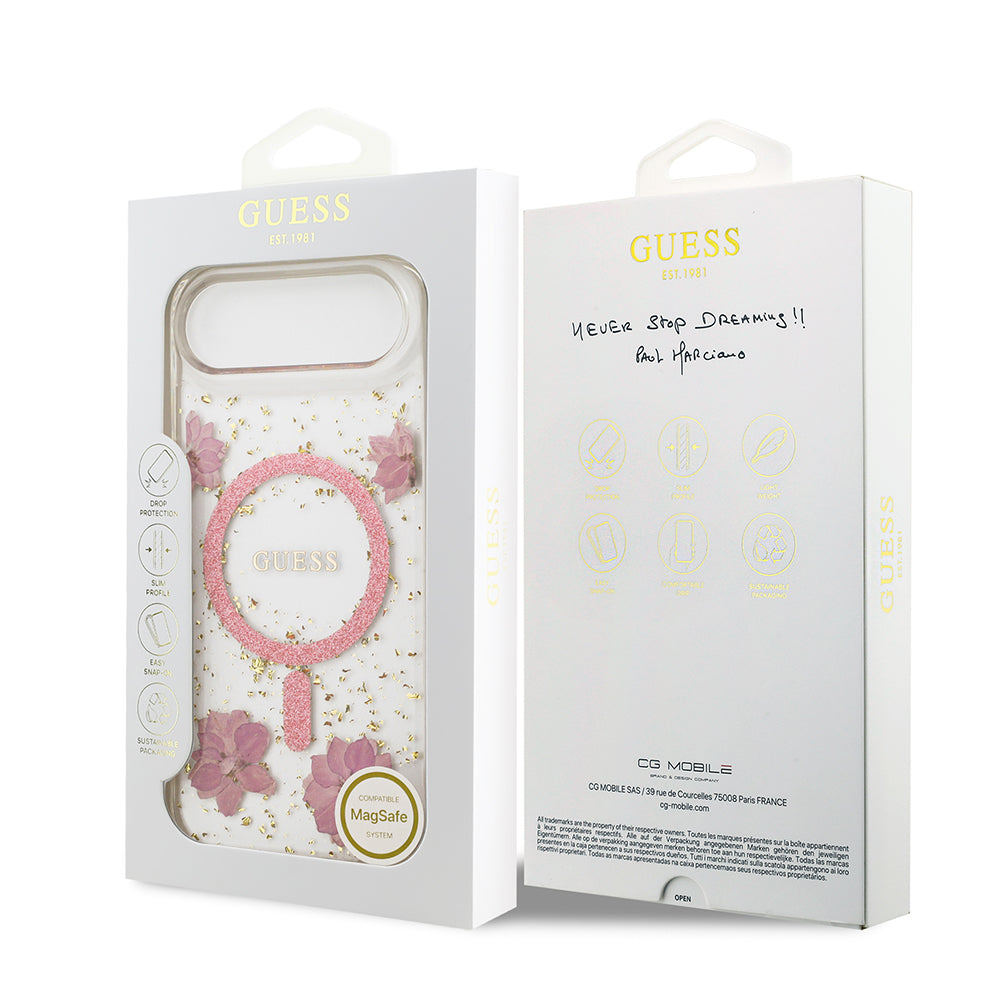 Apple iPhone 17 Air Kılıf Guess M-safe Şarj Özellikli Transparan Resin Flowers Kapak Pembe