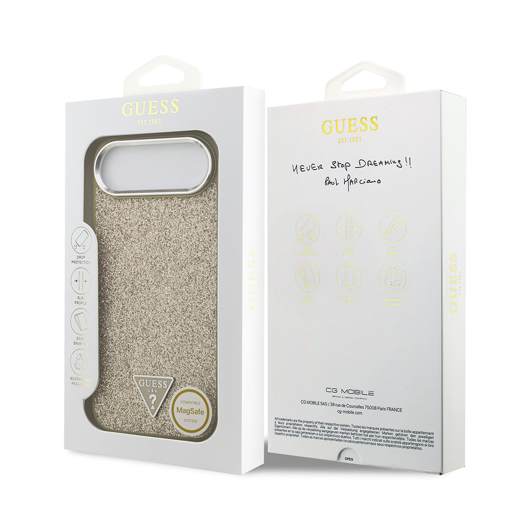 Apple iPhone 17 Air Kılıf Guess M-safe Şarj Özellikli Üçgen Logolu Glitter Kapak Gold