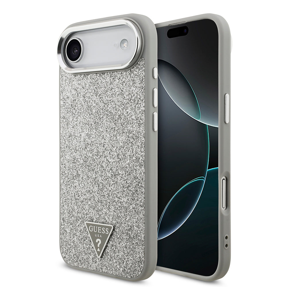 Apple iPhone 17 Air Kılıf Guess M-safe Şarj Özellikli Üçgen Logolu Glitter Kapak Gri