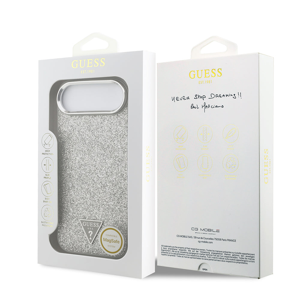 Apple iPhone 17 Air Kılıf Guess M-safe Şarj Özellikli Üçgen Logolu Glitter Kapak Gri