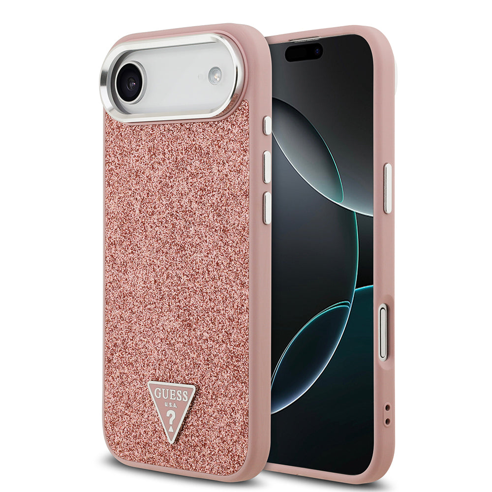 Apple iPhone 17 Air Kılıf Guess M-safe Şarj Özellikli Üçgen Logolu Glitter Kapak Pembe