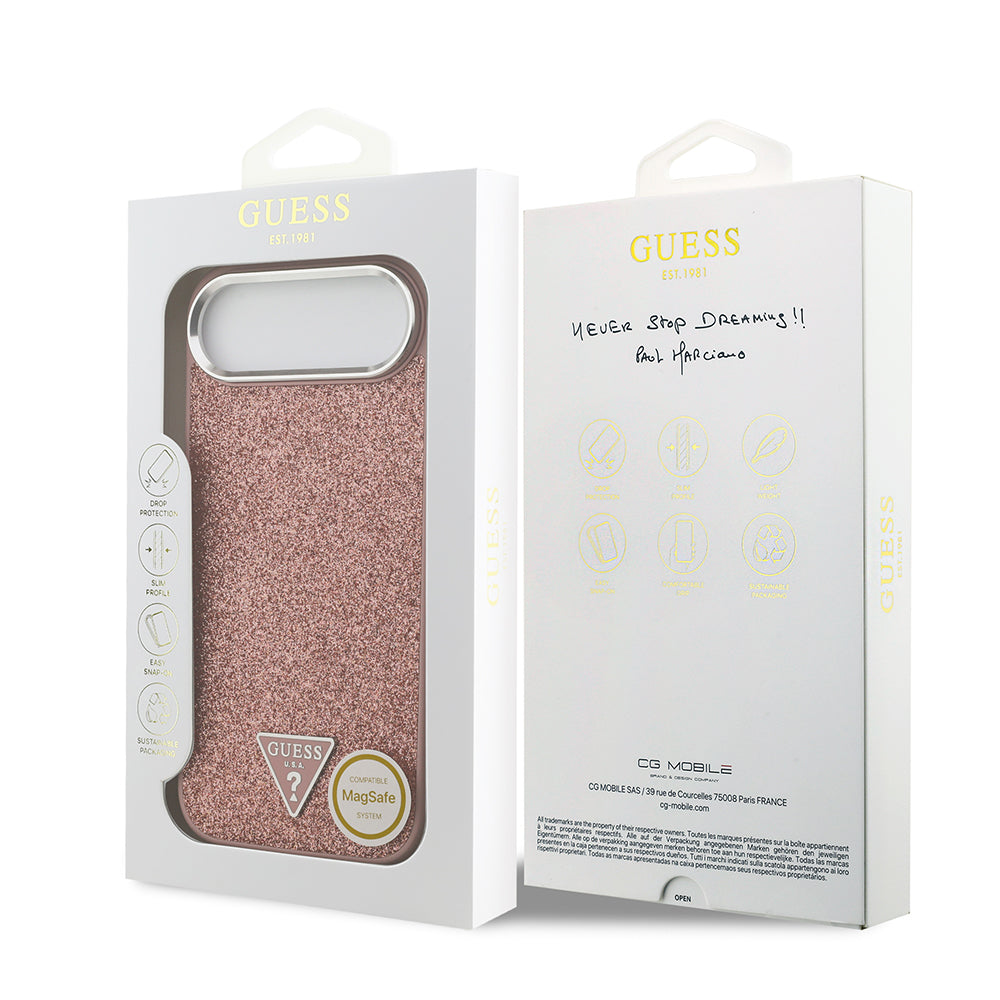 Apple iPhone 17 Air Kılıf Guess M-safe Şarj Özellikli Üçgen Logolu Glitter Kapak Pembe