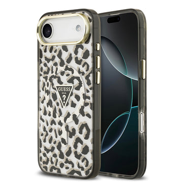 Apple iPhone 17 Air Kılıf Guess M-safe Şarj Özellikli Üçgen Logolu Simli Leopar Desenli Kapak Siyah