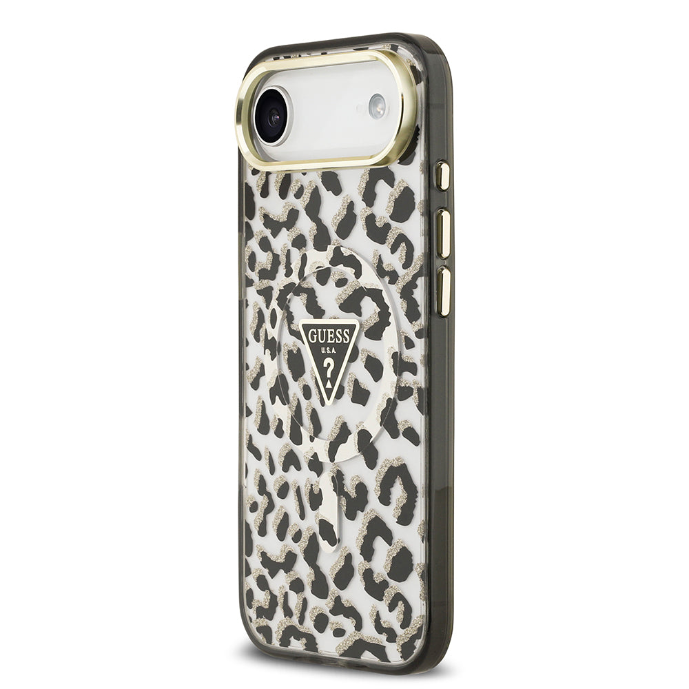 Apple iPhone 17 Air Kılıf Guess M-safe Şarj Özellikli Üçgen Logolu Simli Leopar Desenli Kapak Siyah