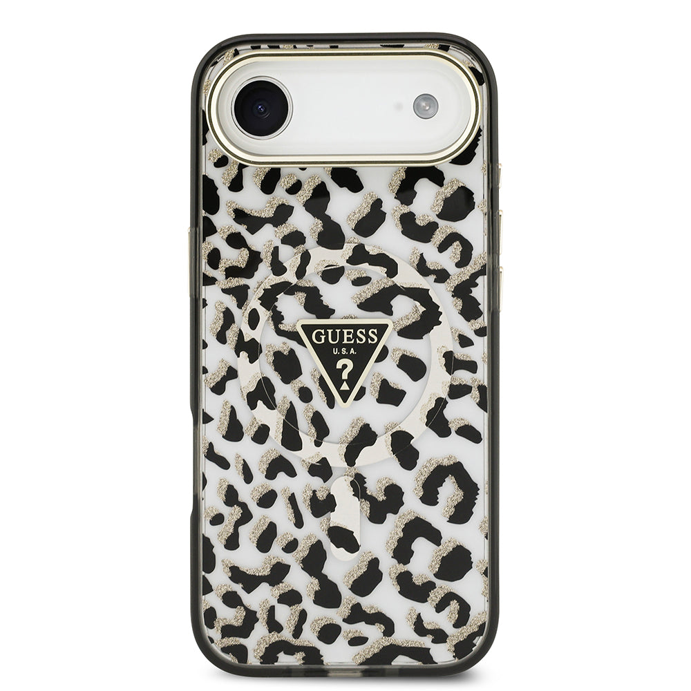 Apple iPhone 17 Air Kılıf Guess M-safe Şarj Özellikli Üçgen Logolu Simli Leopar Desenli Kapak Siyah