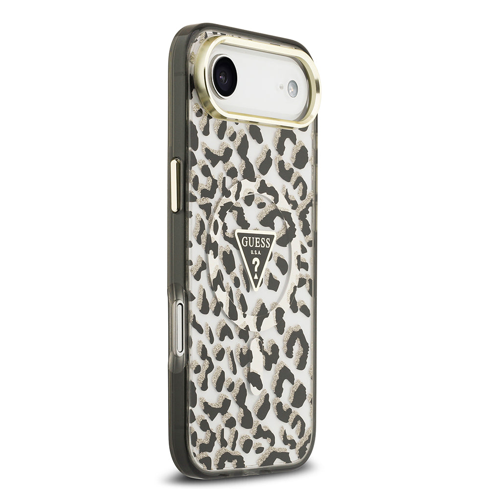 Apple iPhone 17 Air Kılıf Guess M-safe Şarj Özellikli Üçgen Logolu Simli Leopar Desenli Kapak Siyah