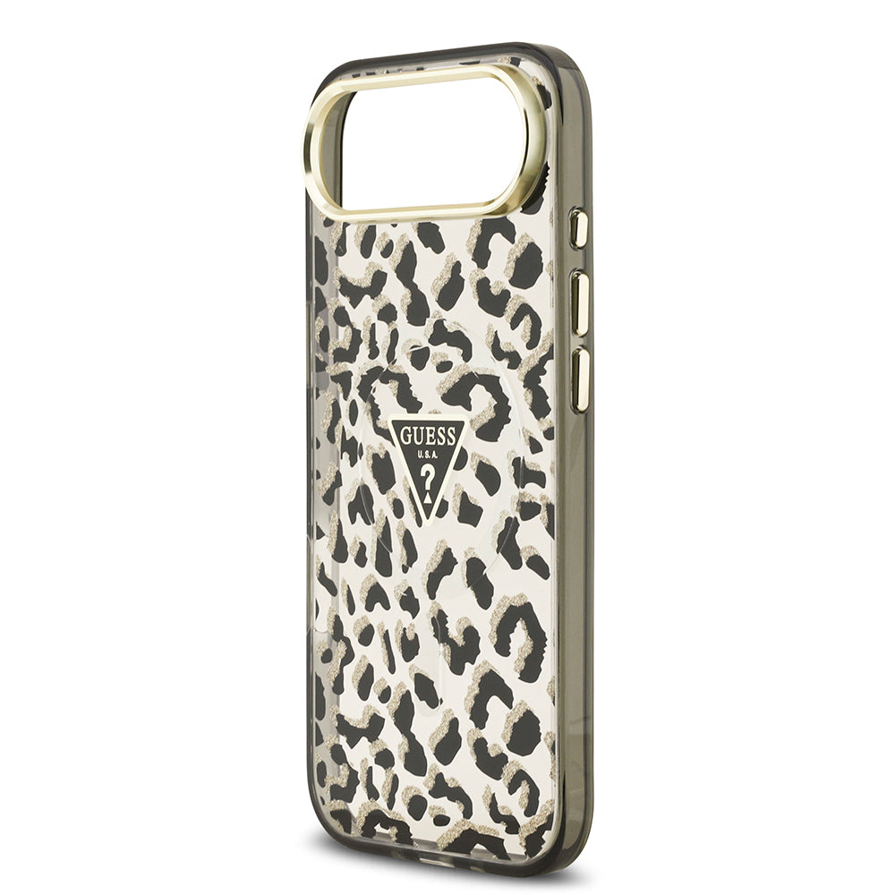 Apple iPhone 17 Air Kılıf Guess M-safe Şarj Özellikli Üçgen Logolu Simli Leopar Desenli Kapak Siyah