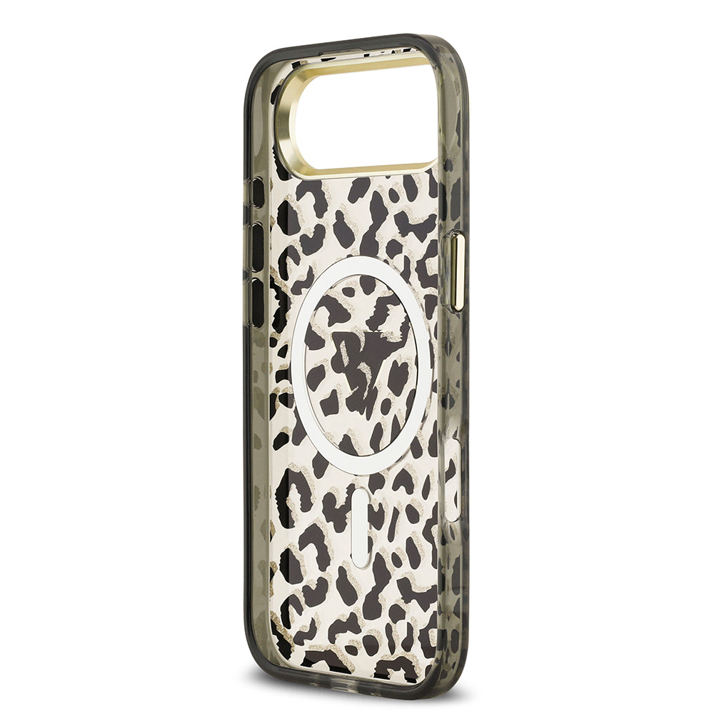 Apple iPhone 17 Air Kılıf Guess M-safe Şarj Özellikli Üçgen Logolu Simli Leopar Desenli Kapak Siyah