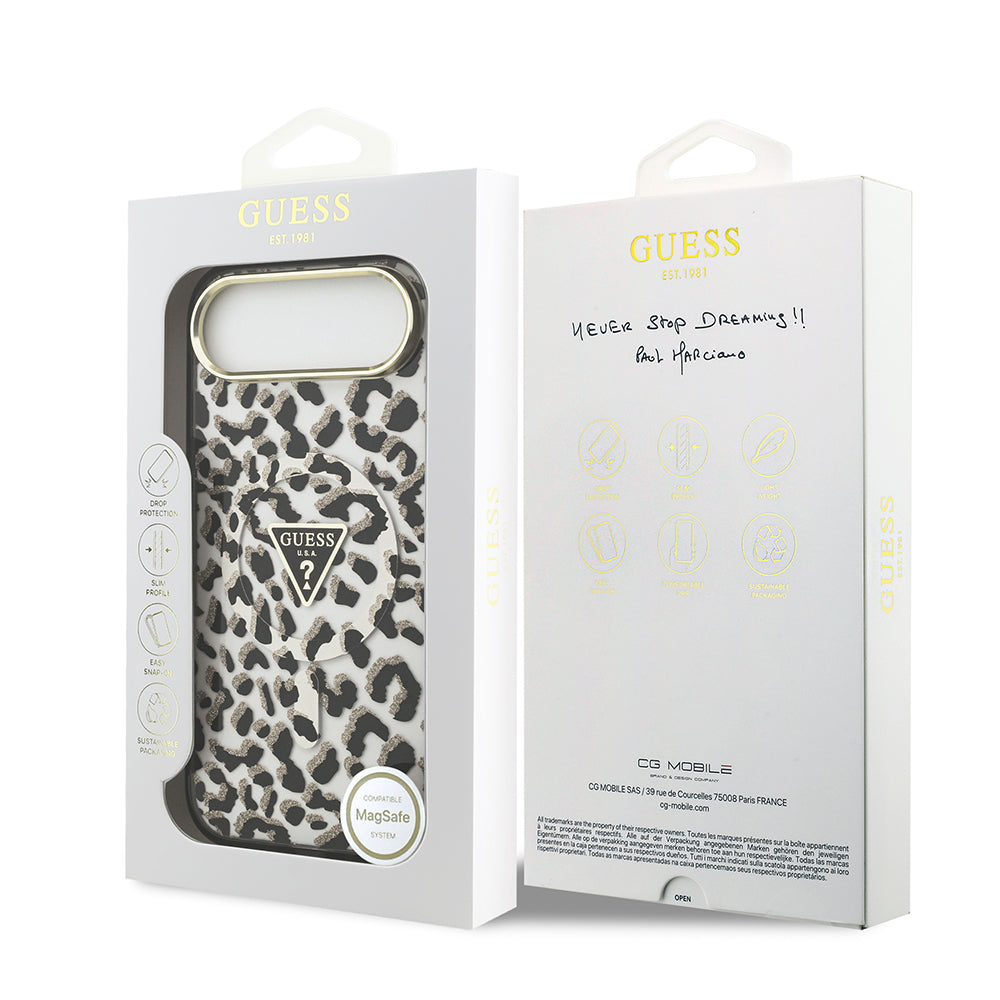 Apple iPhone 17 Air Kılıf Guess M-safe Şarj Özellikli Üçgen Logolu Simli Leopar Desenli Kapak Siyah