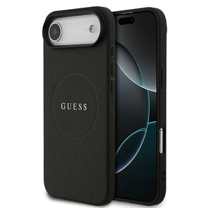 Apple iPhone 17 Air Kılıf Guess M-safe Şarj Özellikli Yazı Logolu PU Deri Kapak Siyah