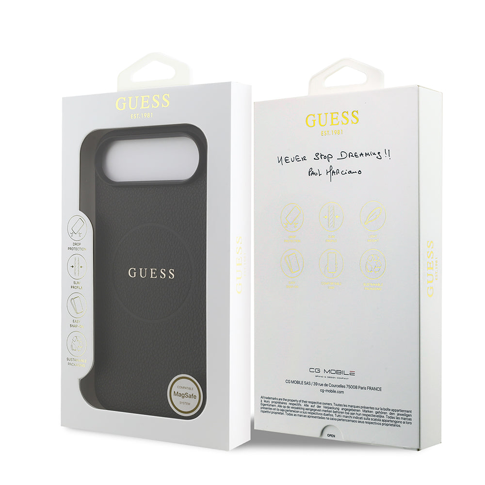 Apple iPhone 17 Air Kılıf Guess M-safe Şarj Özellikli Yazı Logolu PU Deri Kapak Siyah
