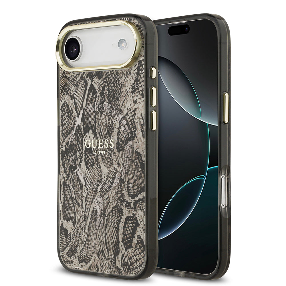Apple iPhone 17 Air Kılıf Guess M-safe Şarj Özellikli Yazı Logolu Python Yılan Desenli Kapak Kahverengi