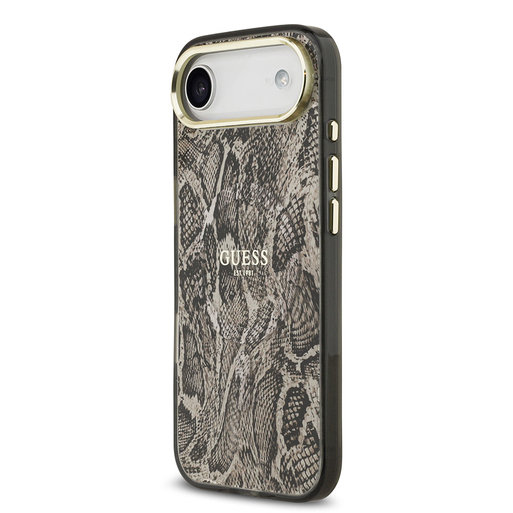 Apple iPhone 17 Air Kılıf Guess M-safe Şarj Özellikli Yazı Logolu Python Yılan Desenli Kapak Kahverengi