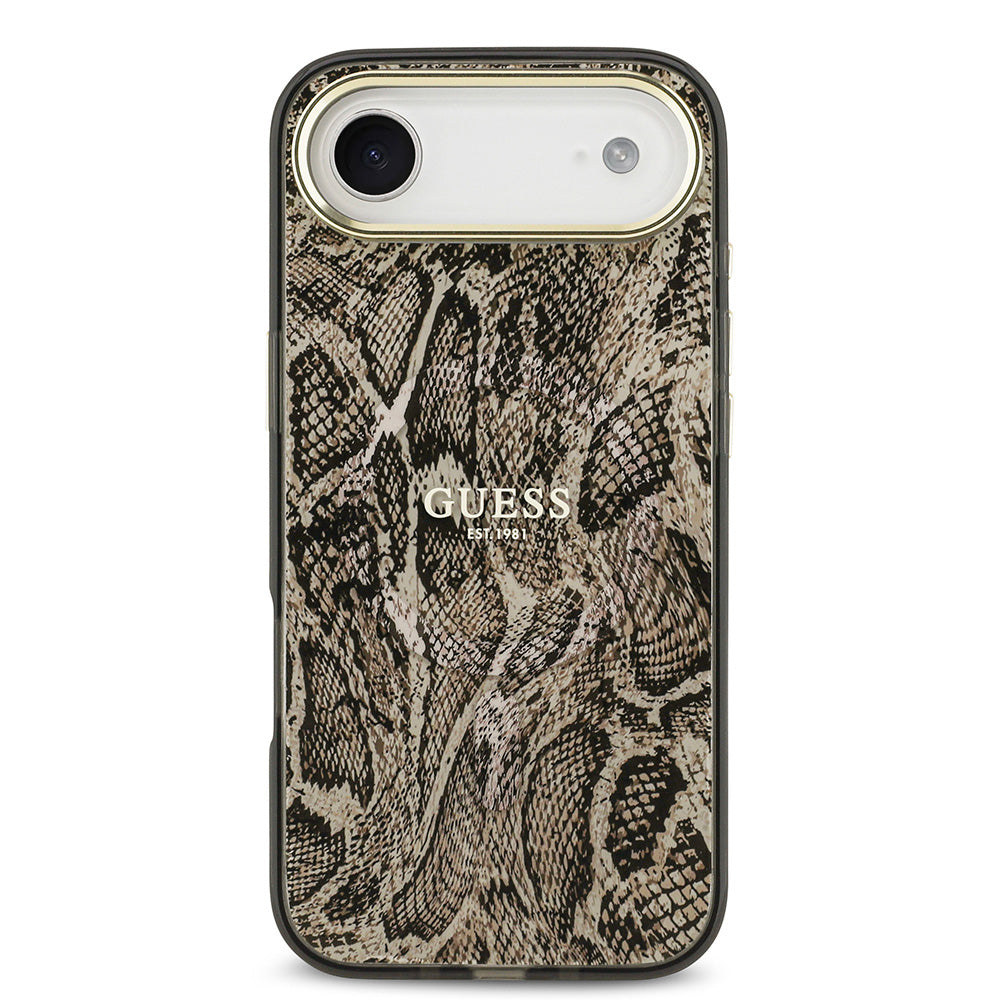 Apple iPhone 17 Air Kılıf Guess M-safe Şarj Özellikli Yazı Logolu Python Yılan Desenli Kapak Kahverengi