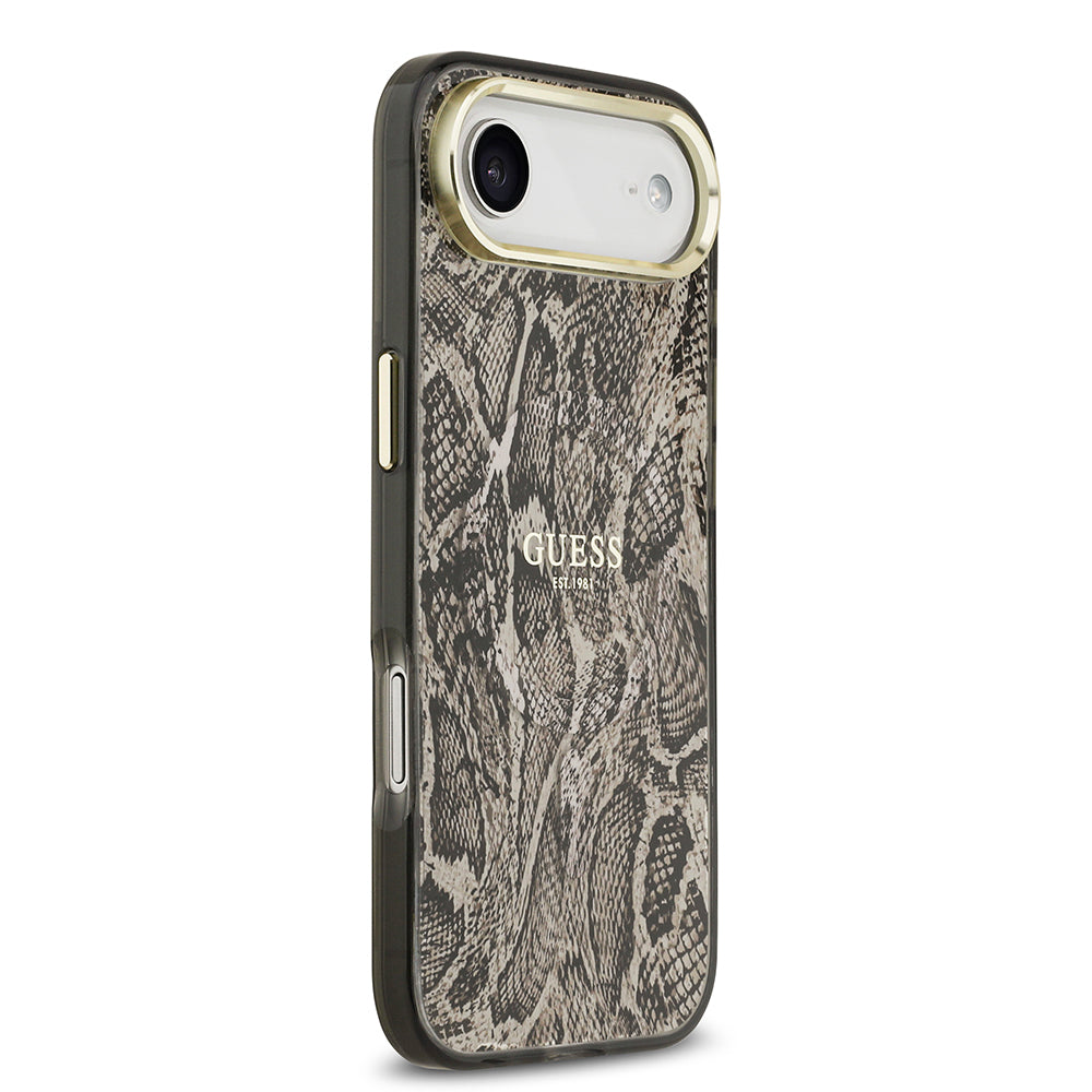Apple iPhone 17 Air Kılıf Guess M-safe Şarj Özellikli Yazı Logolu Python Yılan Desenli Kapak Kahverengi