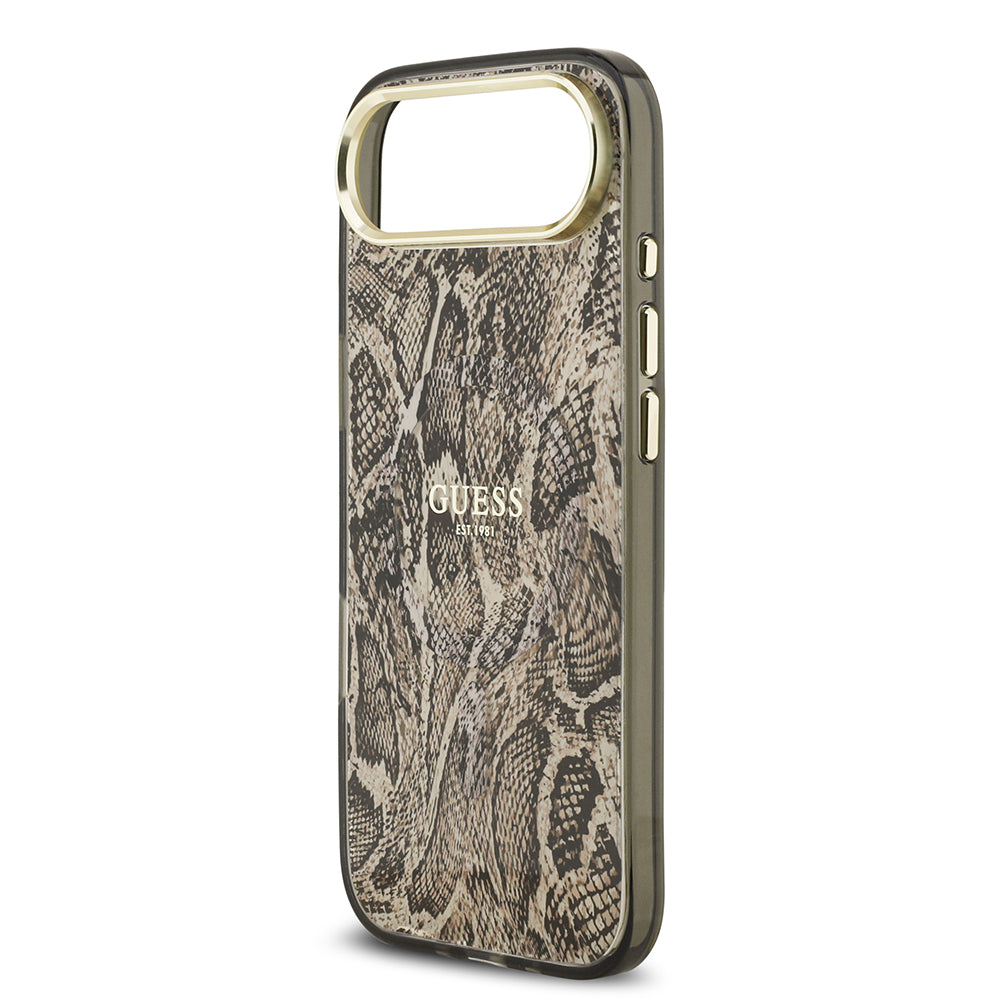 Apple iPhone 17 Air Kılıf Guess M-safe Şarj Özellikli Yazı Logolu Python Yılan Desenli Kapak Kahverengi