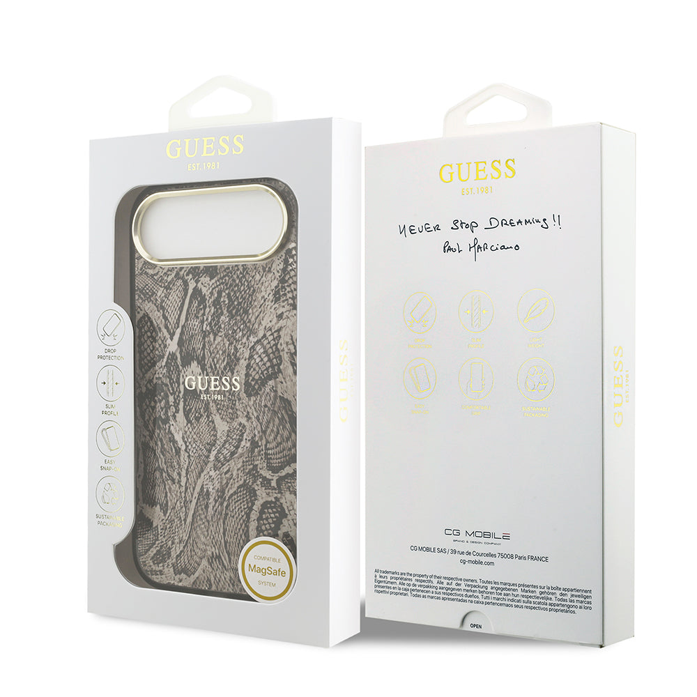 Apple iPhone 17 Air Kılıf Guess M-safe Şarj Özellikli Yazı Logolu Python Yılan Desenli Kapak Kahverengi