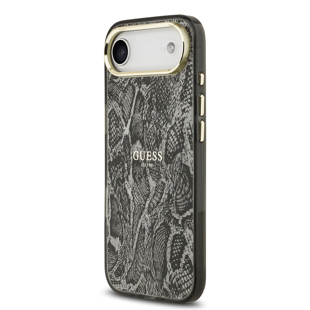 Apple iPhone 17 Air Kılıf Guess M-safe Şarj Özellikli Yazı Logolu Python Yılan Desenli Kapak Siyah