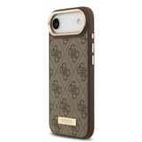 Apple iPhone 17 Air Kılıf Guess Magsafe Şarj Özellikli 4G Desenli PU Metal Plaka Klasik Logolu Kapak Kahverengi