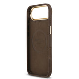 Apple iPhone 17 Air Kılıf Guess Magsafe Şarj Özellikli 4G Desenli PU Metal Plaka Klasik Logolu Kapak Kahverengi