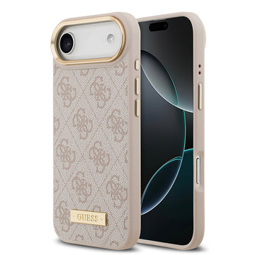 Apple iPhone 17 Air Kılıf Guess Magsafe Şarj Özellikli 4G Desenli PU Metal Plaka Klasik Logolu Kapak Pembe