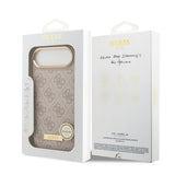 Apple iPhone 17 Air Kılıf Guess Magsafe Şarj Özellikli 4G Desenli PU Metal Plaka Klasik Logolu Kapak Pembe