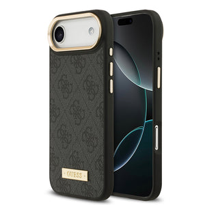 Apple iPhone 17 Air Kılıf Guess Magsafe Şarj Özellikli 4G Desenli PU Metal Plaka Klasik Logolu Kapak Siyah