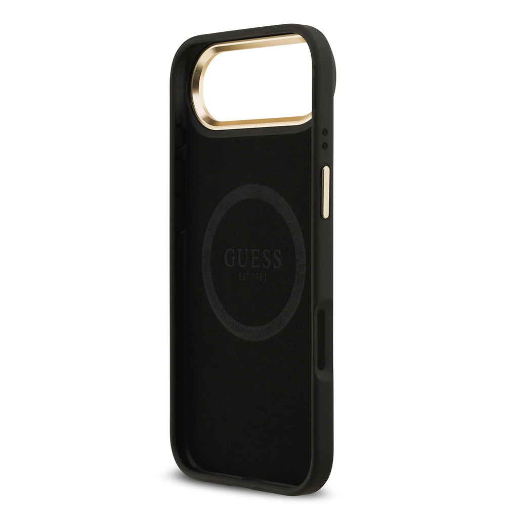 Apple iPhone 17 Air Kılıf Guess Magsafe Şarj Özellikli 4G Desenli PU Metal Plaka Klasik Logolu Kapak Siyah