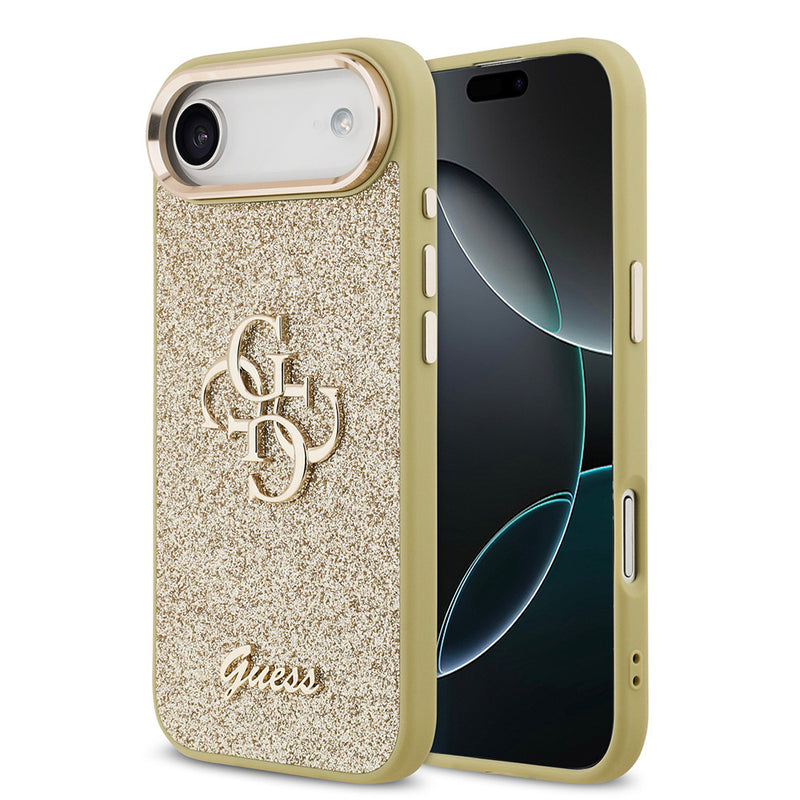 Apple iPhone 17 Air Kılıf Guess Metal Kamera Çerçeveli 4G Büyük Logolu Glitter Kapak Gold