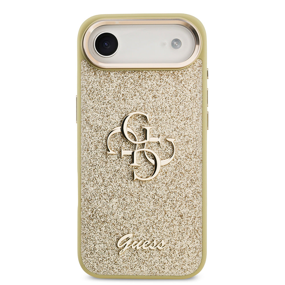 Apple iPhone 17 Air Kılıf Guess Metal Kamera Çerçeveli 4G Büyük Logolu Glitter Kapak Gold