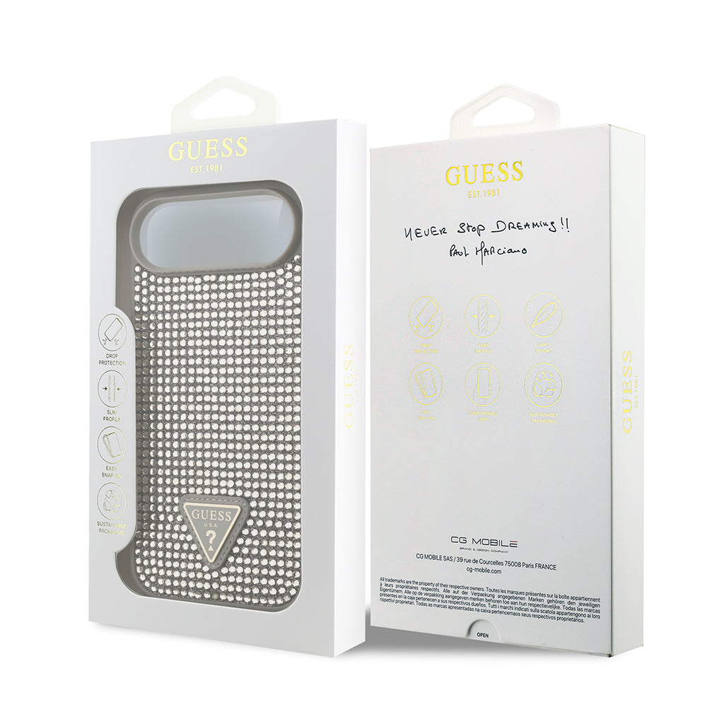 Apple iPhone 17 Air Kılıf Guess Rhinestone Taşlı Üçgen Logolu Kapak Gümüş