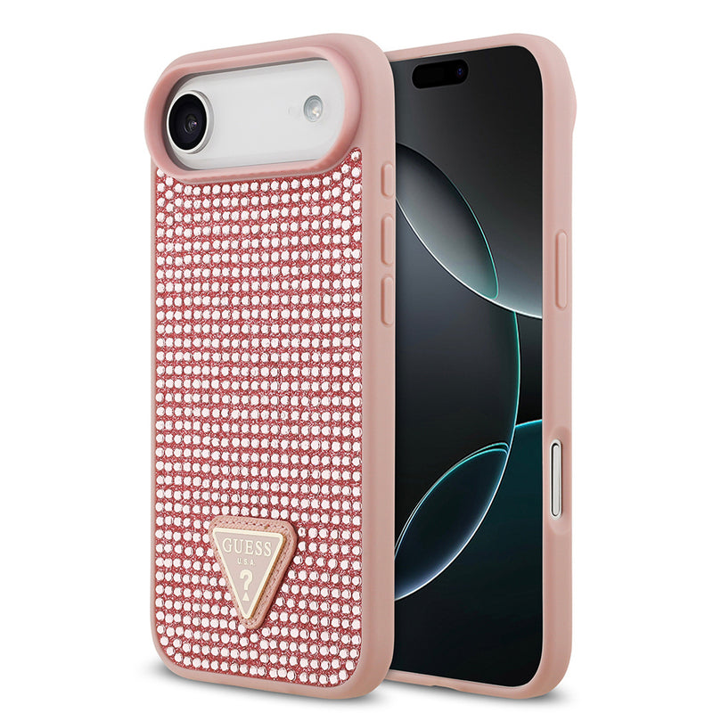 Apple iPhone 17 Air Kılıf Guess Rhinestone Taşlı Üçgen Logolu Kapak Pembe