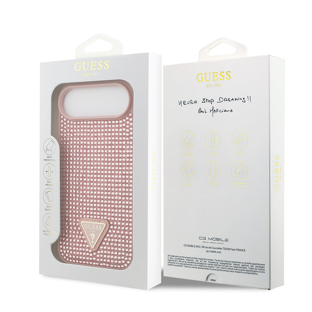 Apple iPhone 17 Air Kılıf Guess Rhinestone Taşlı Üçgen Logolu Kapak Pembe