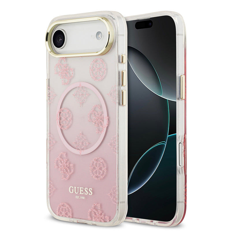 Apple iPhone 17 Air Kılıf Guess Simli Peony Desenli M-safe Şarj Özellikli Sert Silikon Kapak Pembe