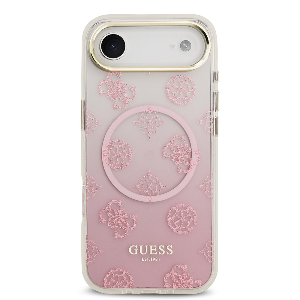 Apple iPhone 17 Air Kılıf Guess Simli Peony Desenli M-safe Şarj Özellikli Sert Silikon Kapak Pembe
