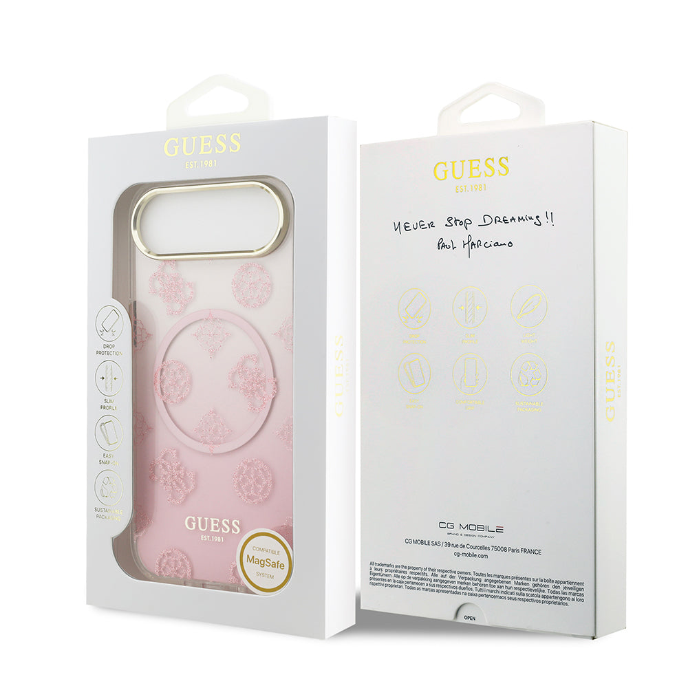 Apple iPhone 17 Air Kılıf Guess Simli Peony Desenli M-safe Şarj Özellikli Sert Silikon Kapak Pembe