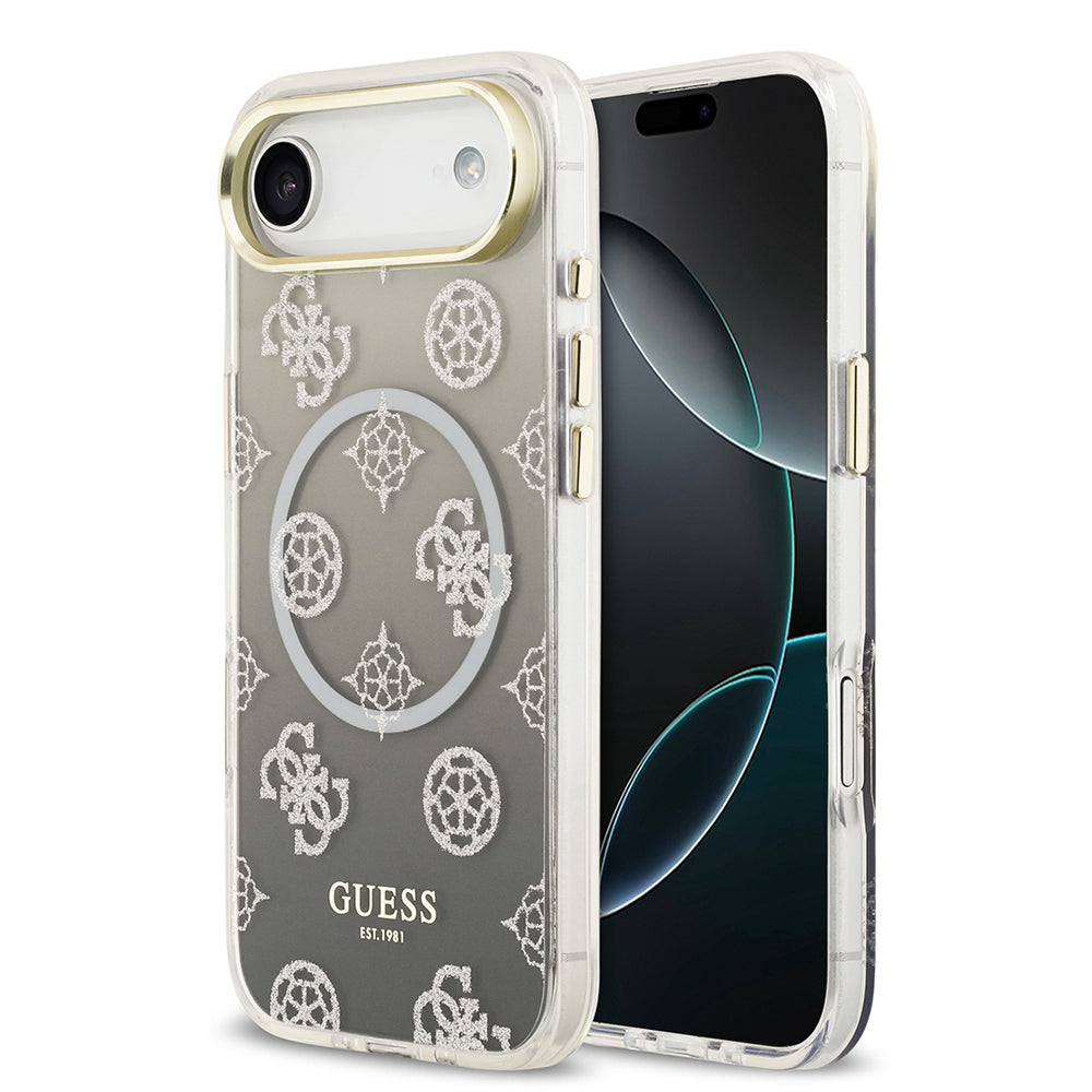 Apple iPhone 17 Air Kılıf Guess Simli Peony Desenli M-safe Şarj Özellikli Sert Silikon Kapak Siyah
