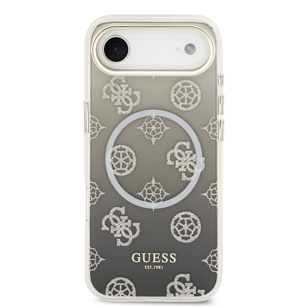 Apple iPhone 17 Air Kılıf Guess Simli Peony Desenli M-safe Şarj Özellikli Sert Silikon Kapak Siyah