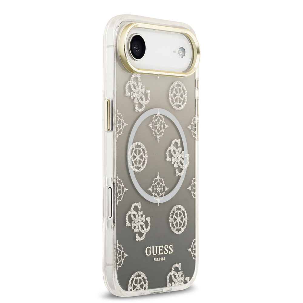 Apple iPhone 17 Air Kılıf Guess Simli Peony Desenli M-safe Şarj Özellikli Sert Silikon Kapak Siyah