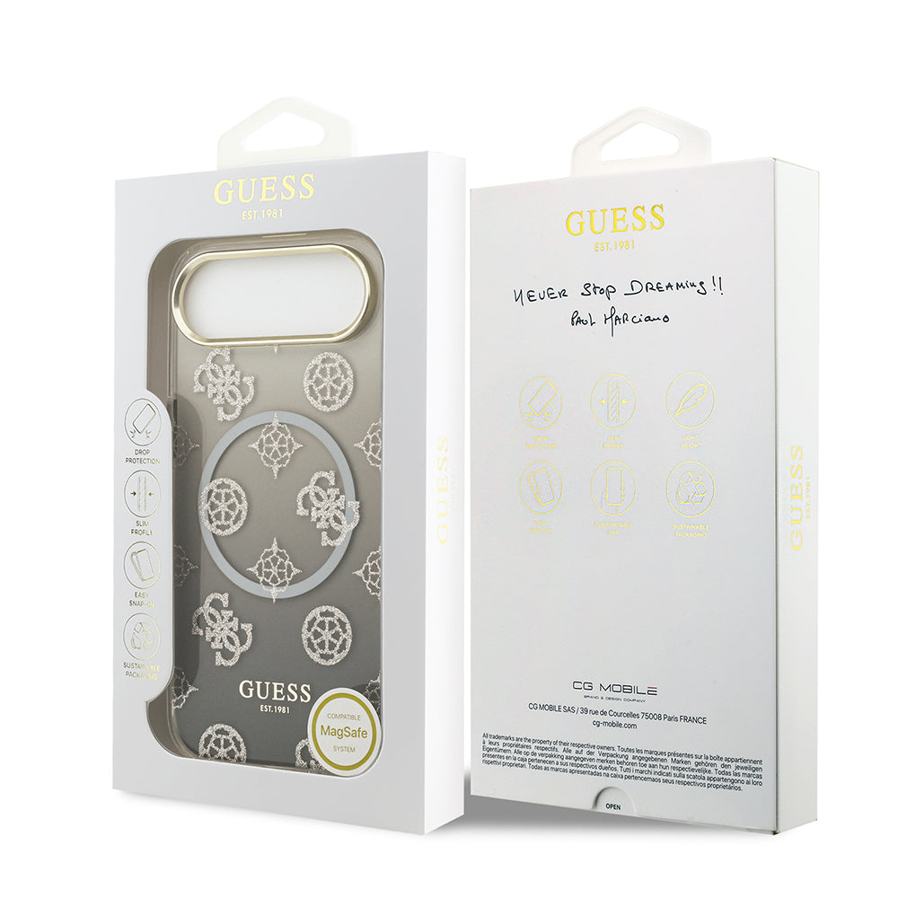 Apple iPhone 17 Air Kılıf Guess Simli Peony Desenli M-safe Şarj Özellikli Sert Silikon Kapak Siyah