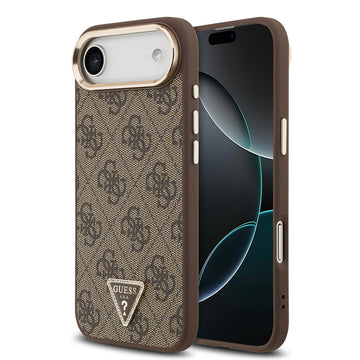 Apple iPhone 17 Air Kılıf M-Safe Şarj Özellikli Guess Gold Metal Kamera Çerçeveli Taşlı Üçgen Logolu Kapak Kahverengi