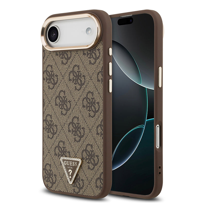 Apple iPhone 17 Air Kılıf M-Safe Şarj Özellikli Guess Gold Metal Kamera Çerçeveli Taşlı Üçgen Logolu Kapak Kahverengi