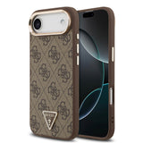 Apple iPhone 17 Air Kılıf M-Safe Şarj Özellikli Guess Gold Metal Kamera Çerçeveli Taşlı Üçgen Logolu Kapak Kahverengi