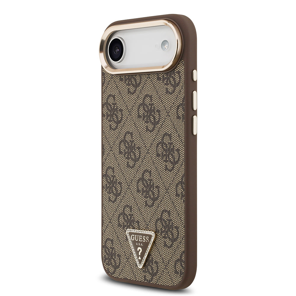 Apple iPhone 17 Air Kılıf M-Safe Şarj Özellikli Guess Gold Metal Kamera Çerçeveli Taşlı Üçgen Logolu Kapak Kahverengi