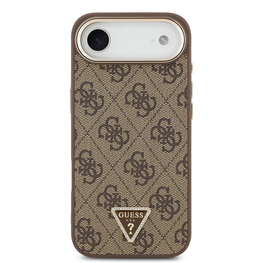 Apple iPhone 17 Air Kılıf M-Safe Şarj Özellikli Guess Gold Metal Kamera Çerçeveli Taşlı Üçgen Logolu Kapak Kahverengi